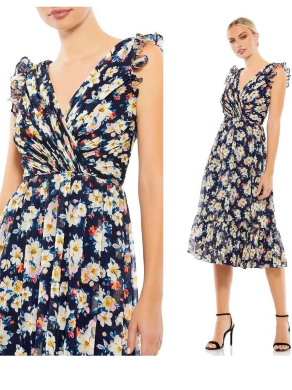 Mac Duggal Navy Floral V-Neck Ruffle Strap Midi Dress